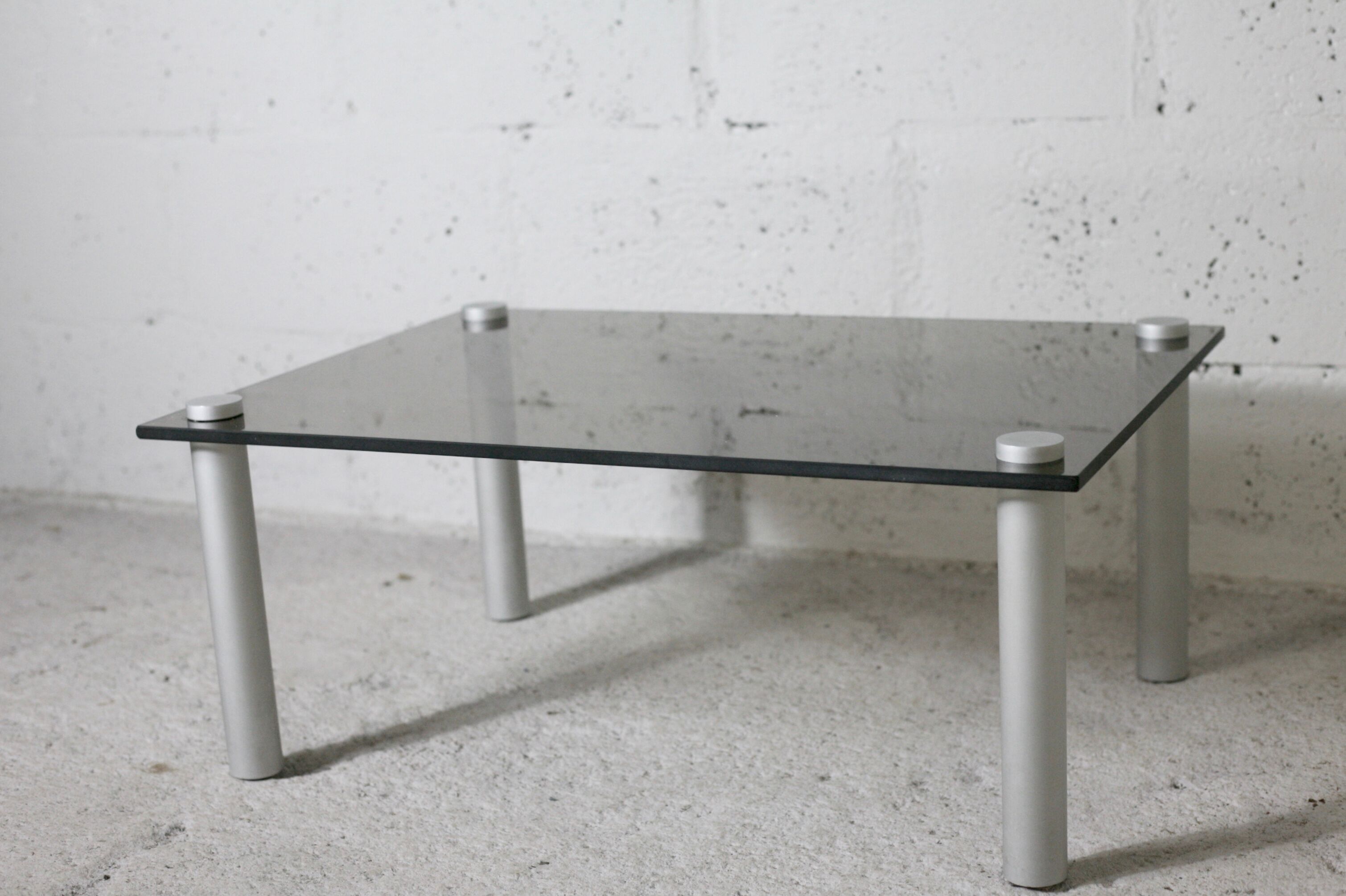 Coffee table cylindrical footings, tray smoked glass, circa 1970