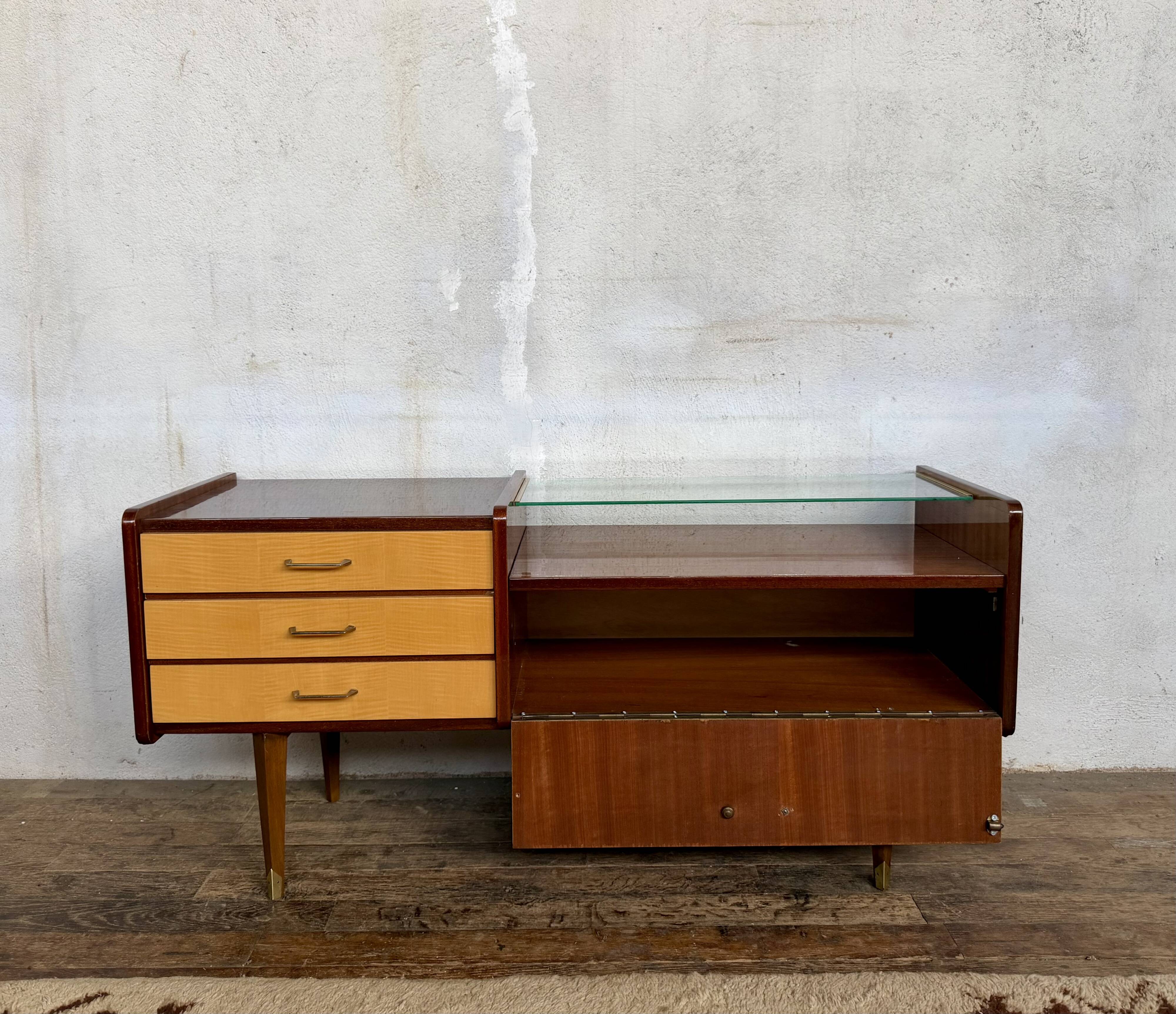 Enfilade vintage bicolore – Plateau en verre – Design rétro chic