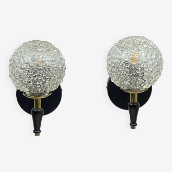 Pair of old globe wall lights in thick bubbled glass, brass and vintage wood LAMP-7140