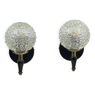 Pair of old globe wall lights in thick bubbled glass, brass and vintage wood LAMP-7140