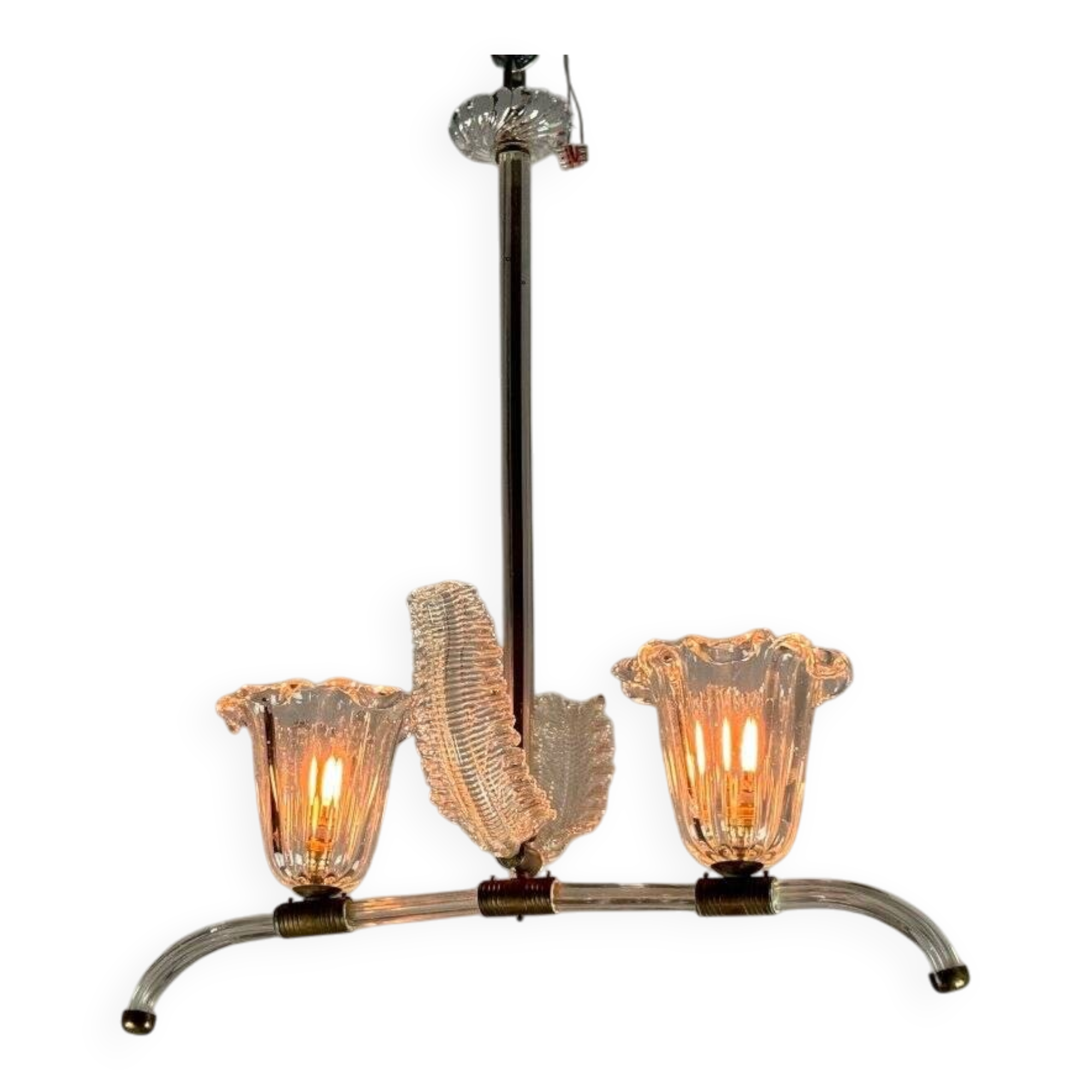 Venetian chandelier in clear Murano glass and brass circa 1950