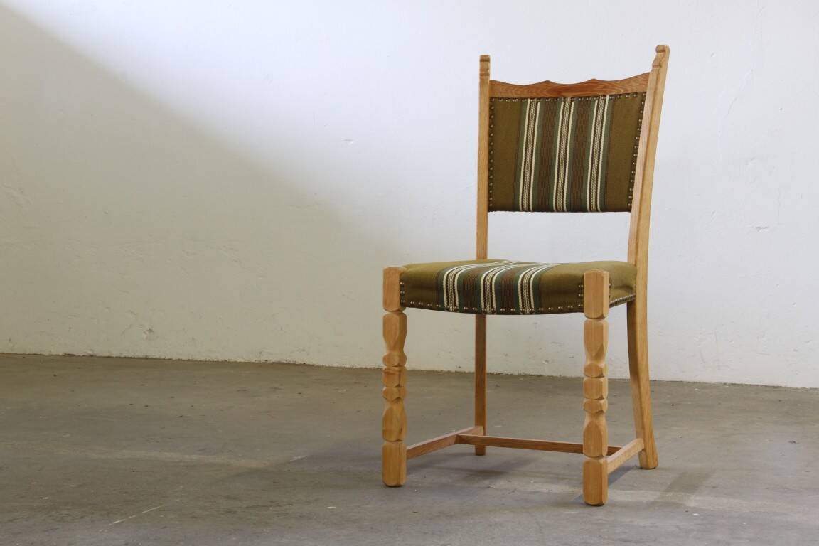 Vintage 1960s, brutalist Danish modern oak dining chairs by Henning Kjærnulf