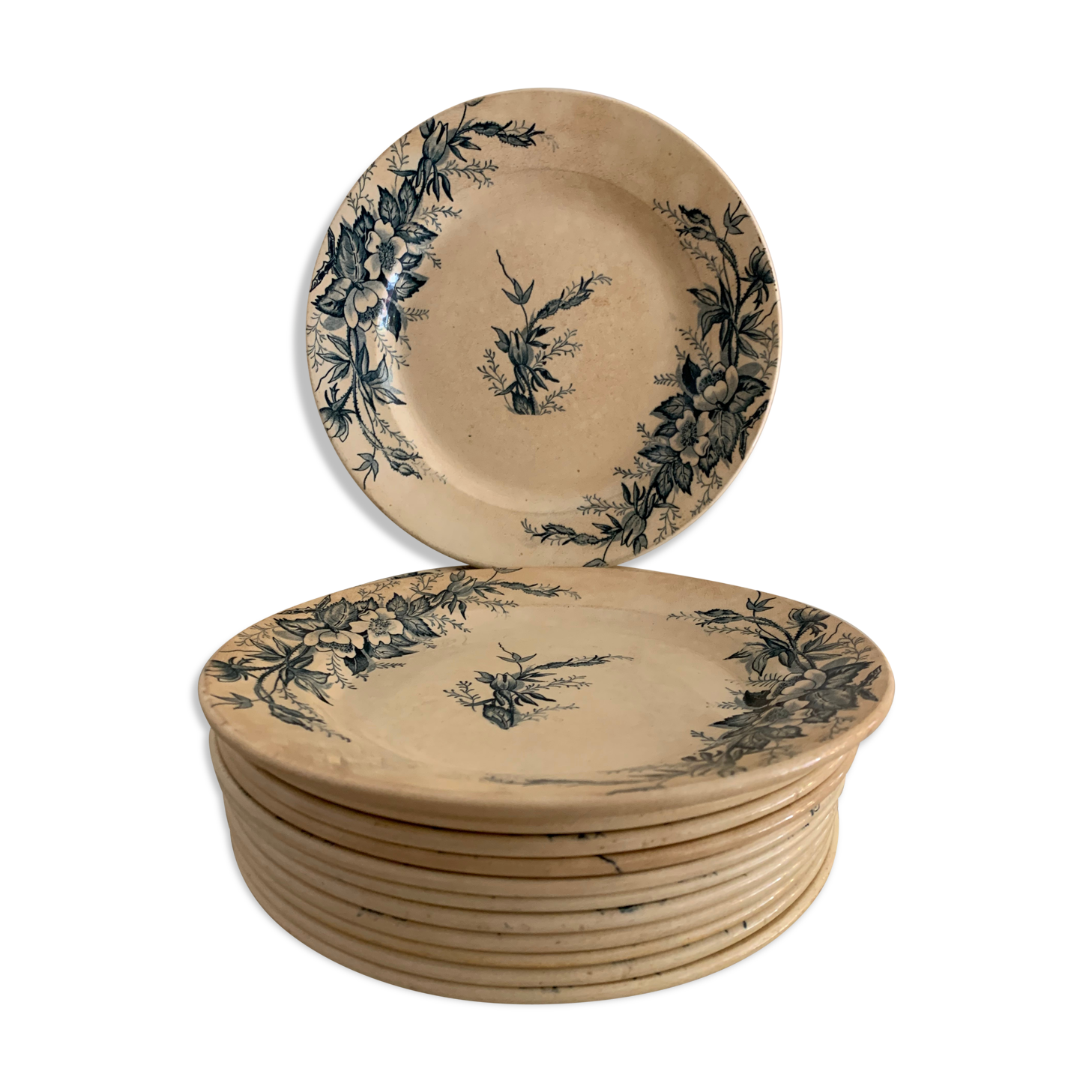Set de 12 assiettes en porcelaine ancienne bleue et blanche Terre de