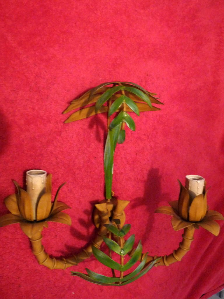 Pair of painted tole sconces decor palm