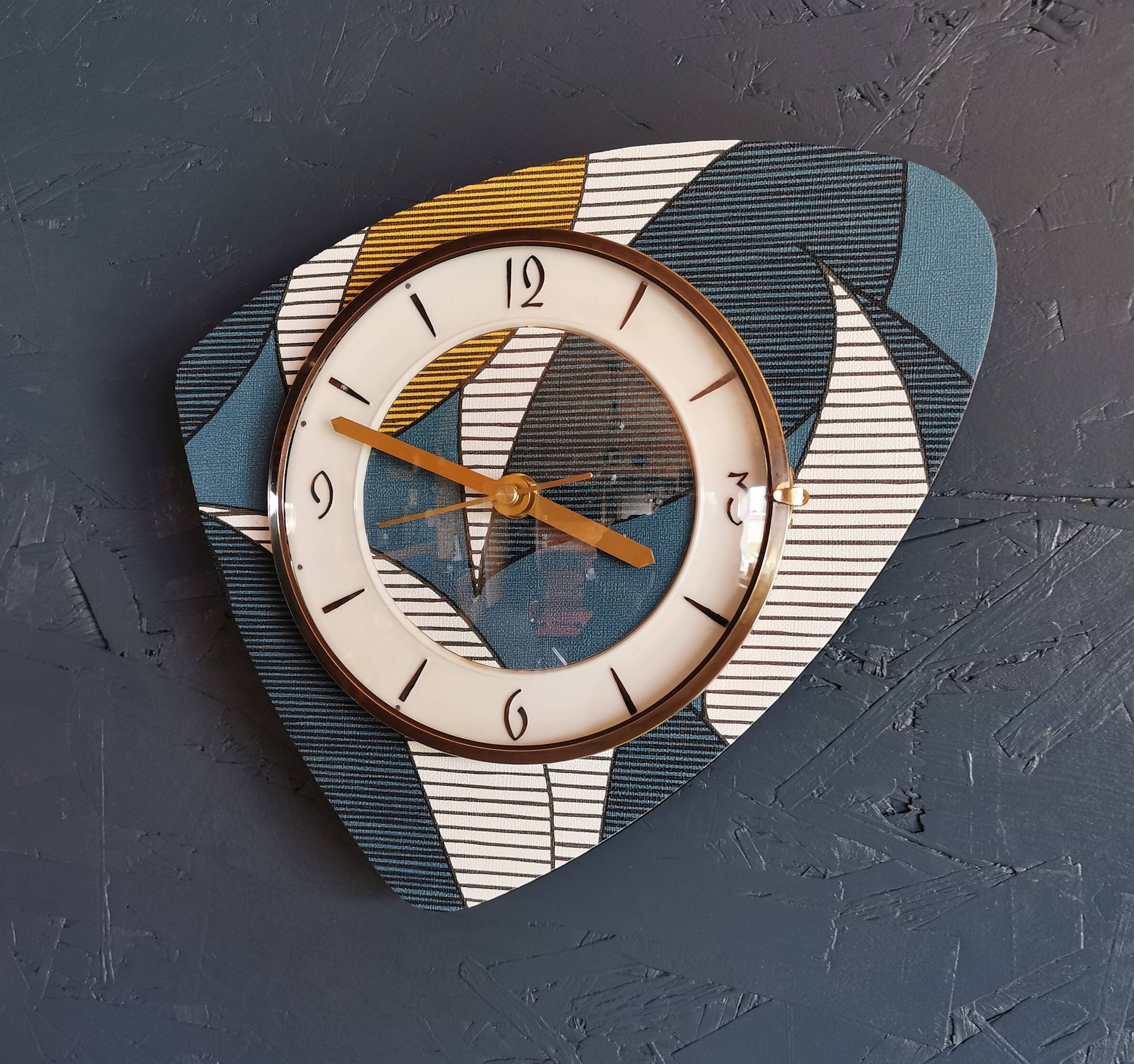 Vintage silent wall pendulum clock from the 60s asymmetrical "Striped blue white ocher"