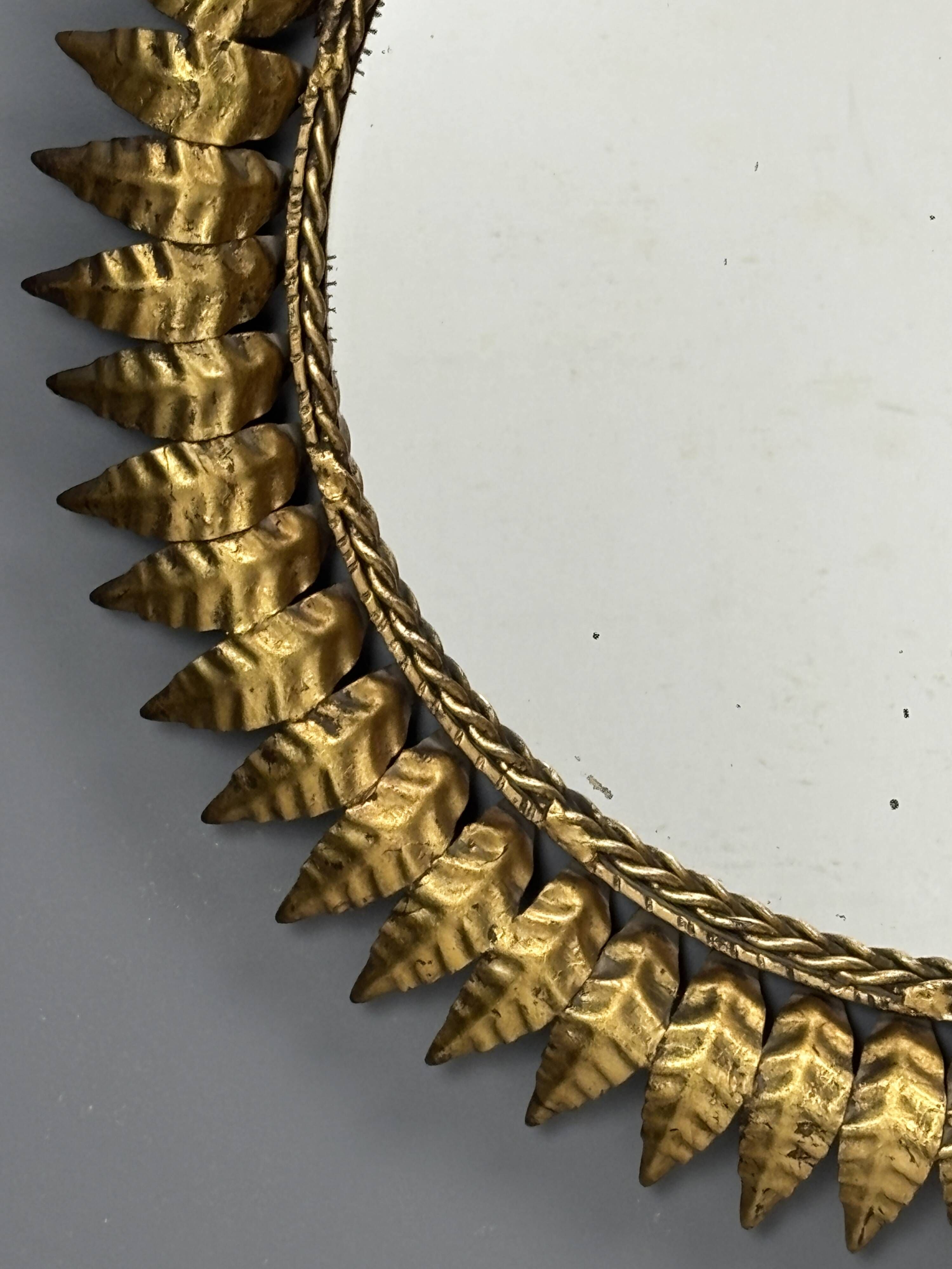 Midcentury bohemian Hollywood Regency Spanish gilt metal sun mirror, 1960s