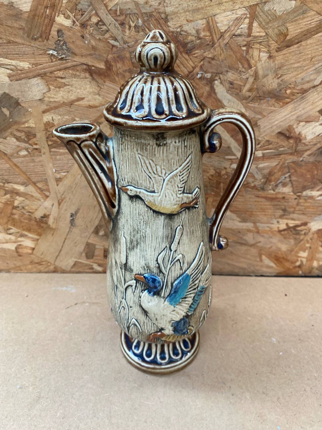 Antique teapot shaped pitcher ceramic brown beige vintage ducks decor