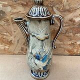 Antique teapot shaped pitcher ceramic brown beige vintage ducks decor