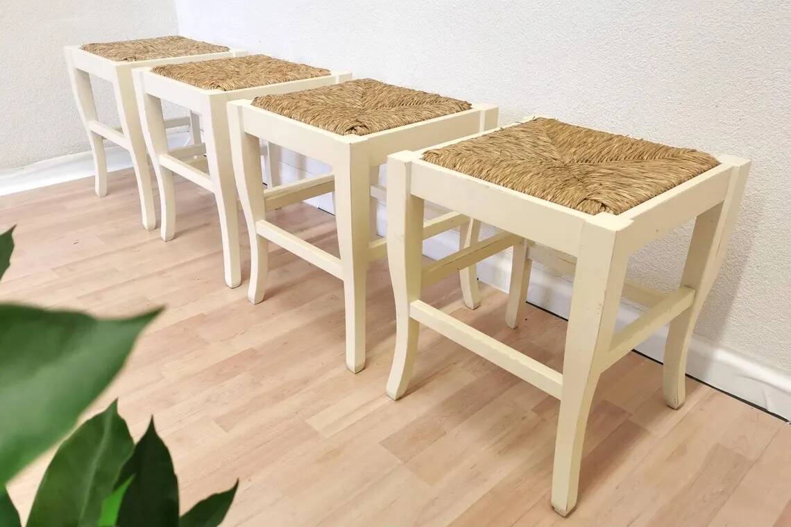 Set of 4 Vintage White Wooden Stools with Thatched Seats - 1970s Yugoslavia