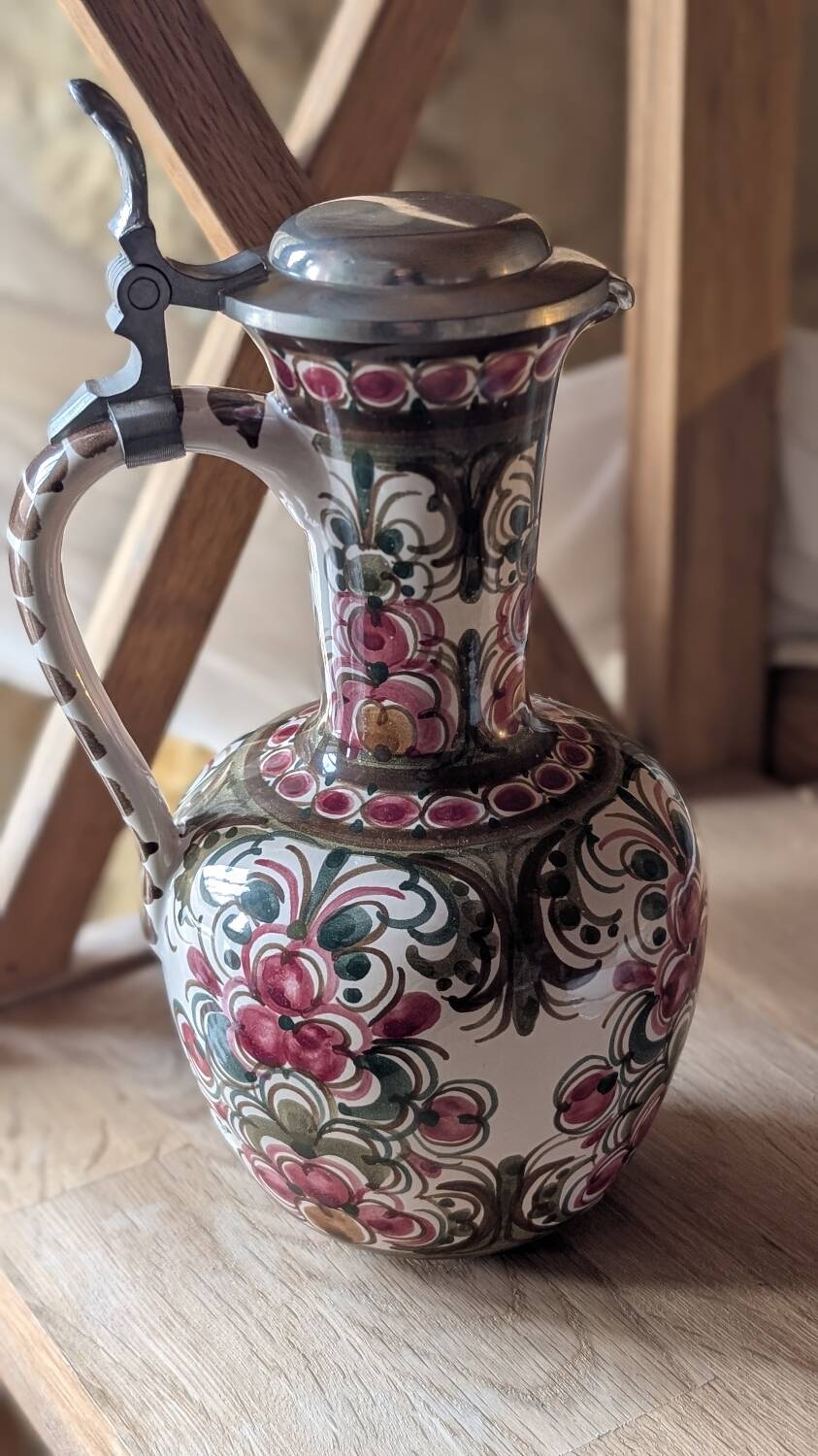 Antique hand-painted earthenware pitcher – Red and green floral decoration