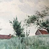 Watercolor signed Victor Henry (1855-1942) "The field of the village" with frame