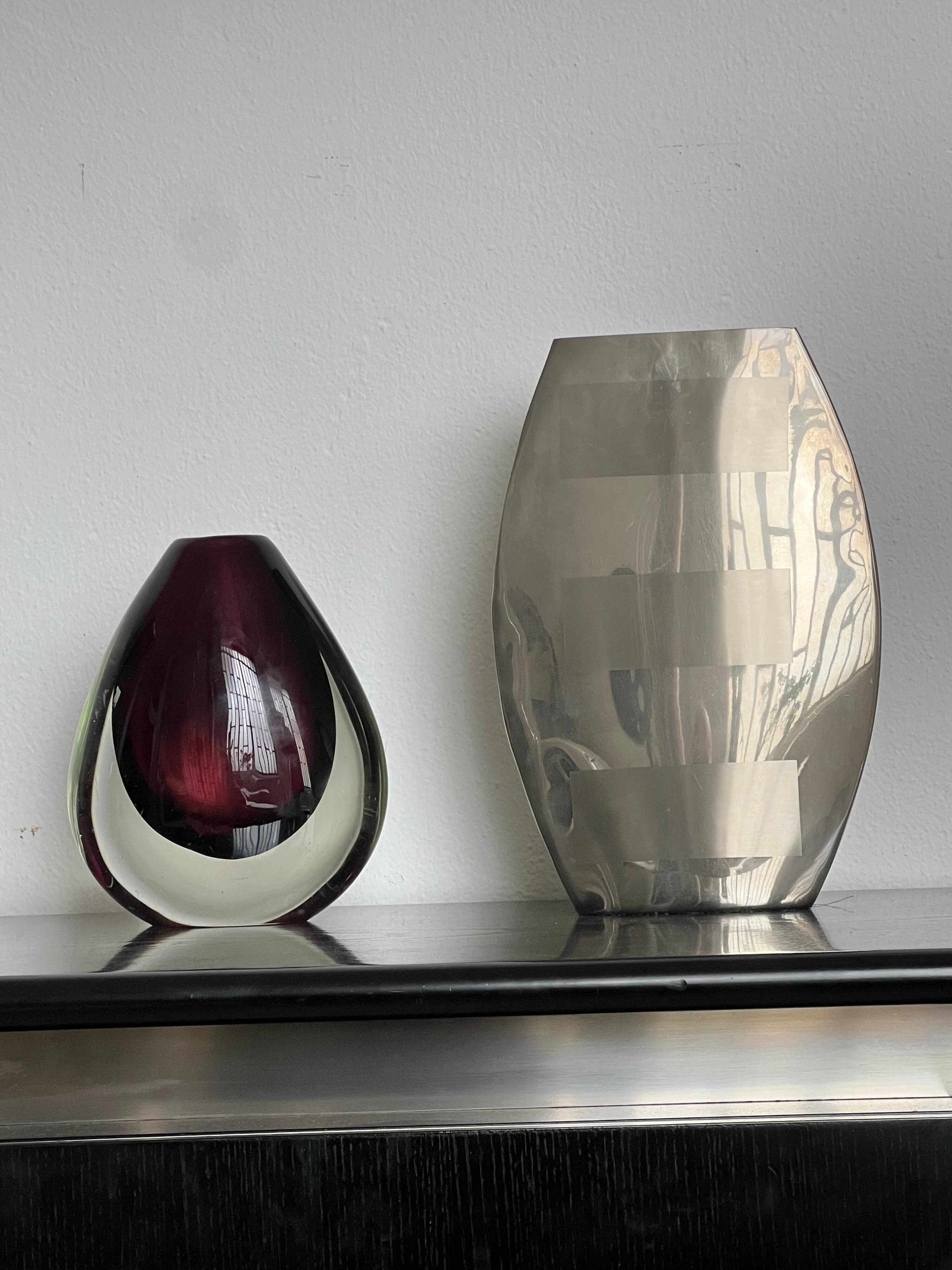 Decorative stainless steel vase with geometrical shapes imprinted, 1970's