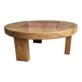 Table basse ronde en orme massif et tomettes - tripode - design 1970