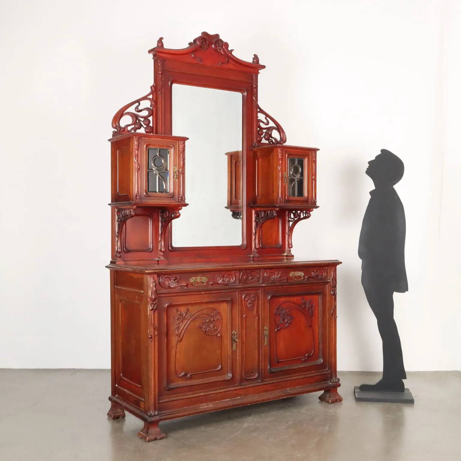Antique Art Nouveau walnut buffet with decorations, Italy, 19th century.