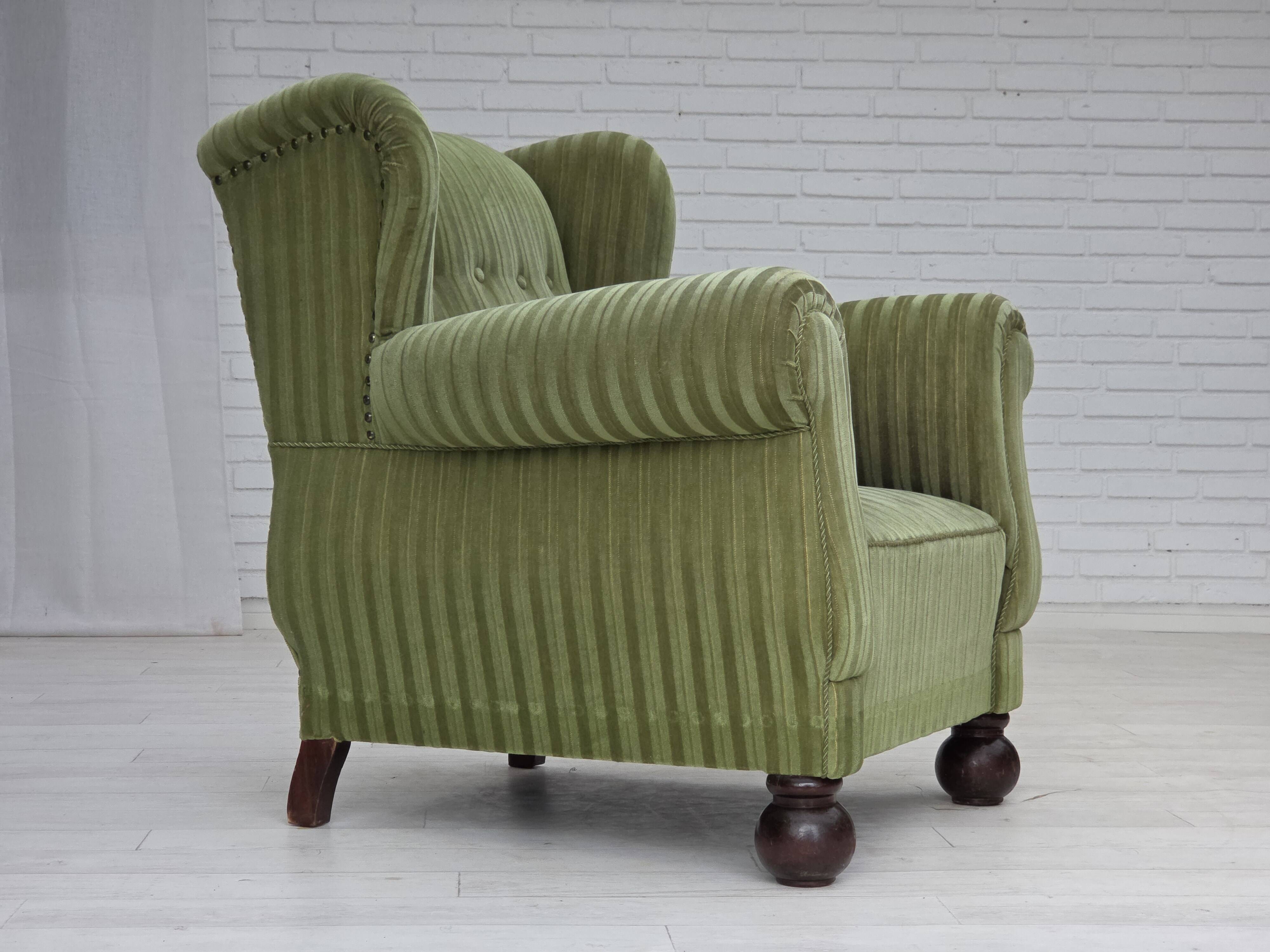 1950s, Danish relax armchair, green furniture velour fabric, ash wood legs.