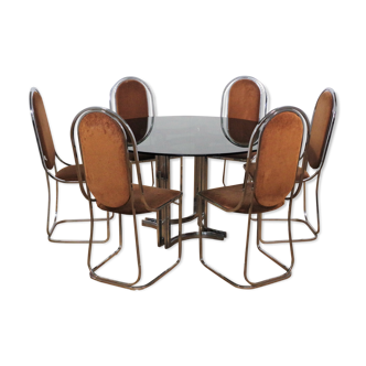 Table de salle à manger avec 6 chaises par Alessandro Alpizzi, 1970s, Set de 7