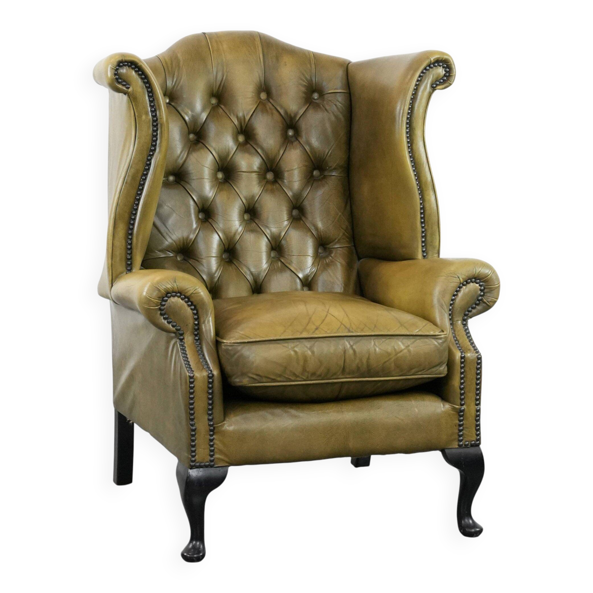 Moss green cow leather Chesterfield wingback armchair in English style