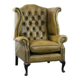 Moss green cow leather Chesterfield wingback armchair in English style