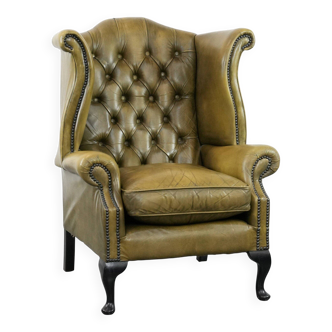 Moss green cow leather Chesterfield wingback armchair in English style
