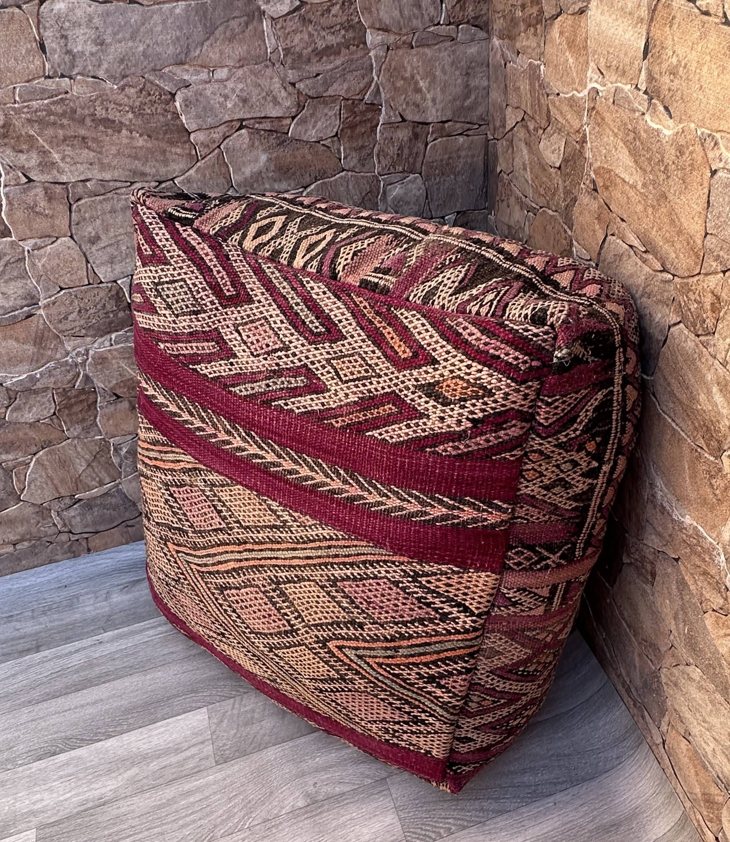 Outdoor Kilim Pouf - Moroccan Throw Pouf - Berber Ottoman Pouf - Oriental Pillow