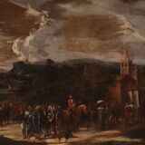 Grand tableau de paysage italien avec personnages du XVIIIe siècle