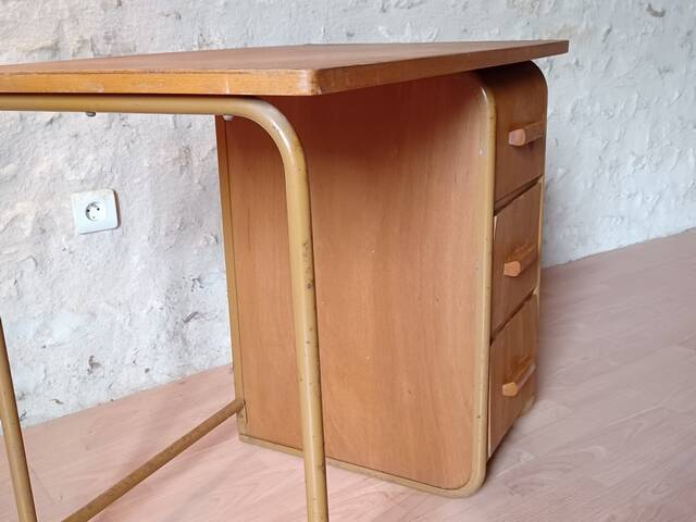Small vintage desk from the 1950s, wood and metal.