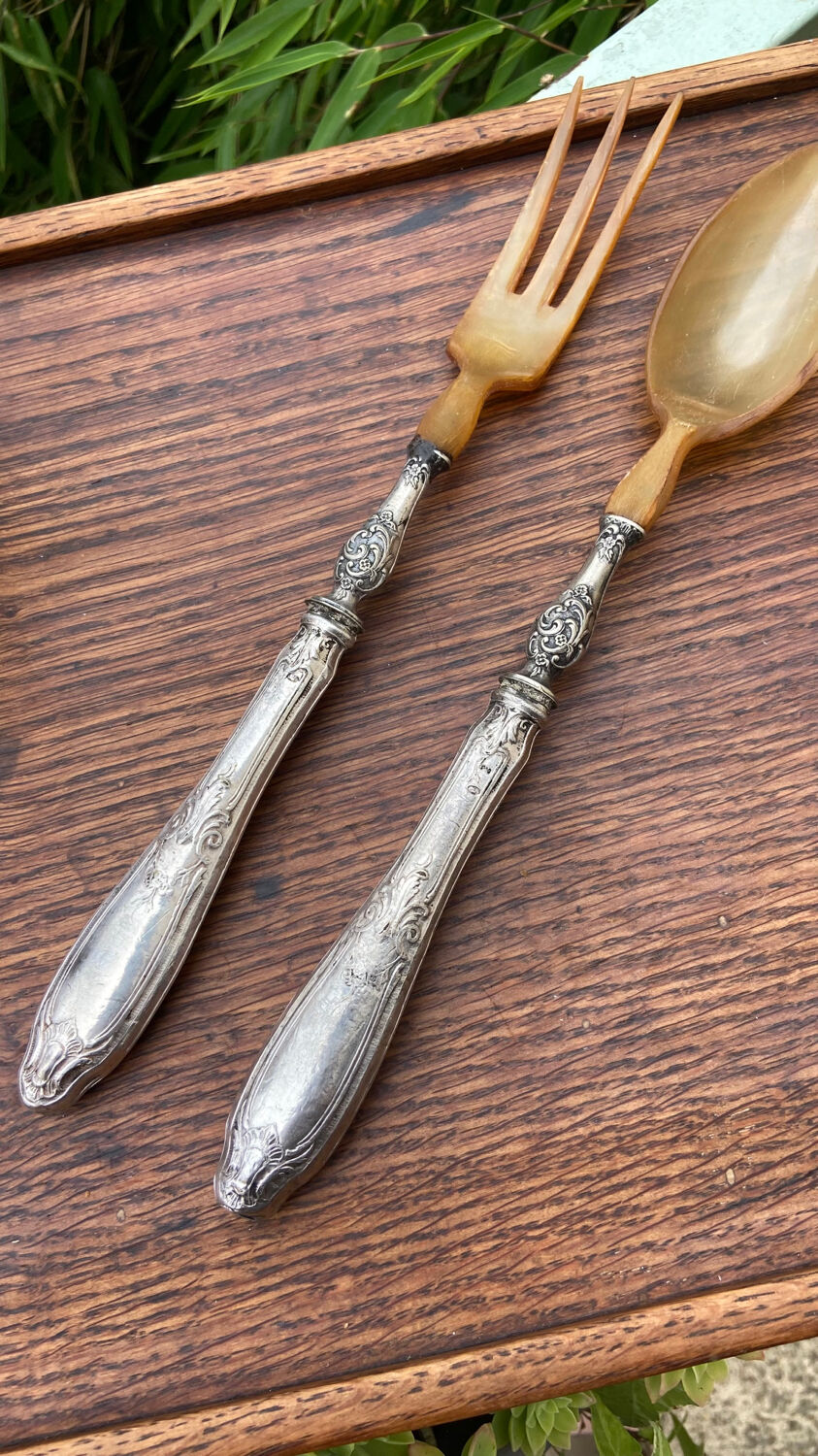 Salad cutlery in silver filled and horn early twentieth century