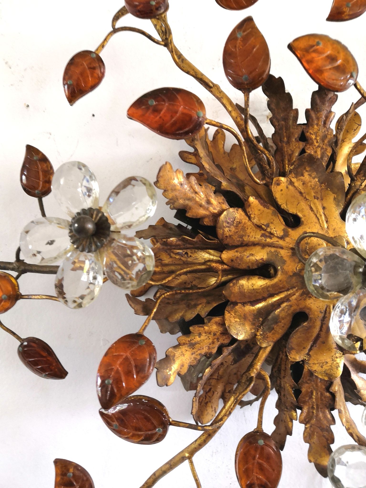 Italian ceiling lamp of Florence House Banci gilded and murano glasses design 70s