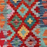 Afghan hallway kilim carpet colored red orange multicolor