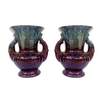 Paire de vases années 60 bleus et bruns