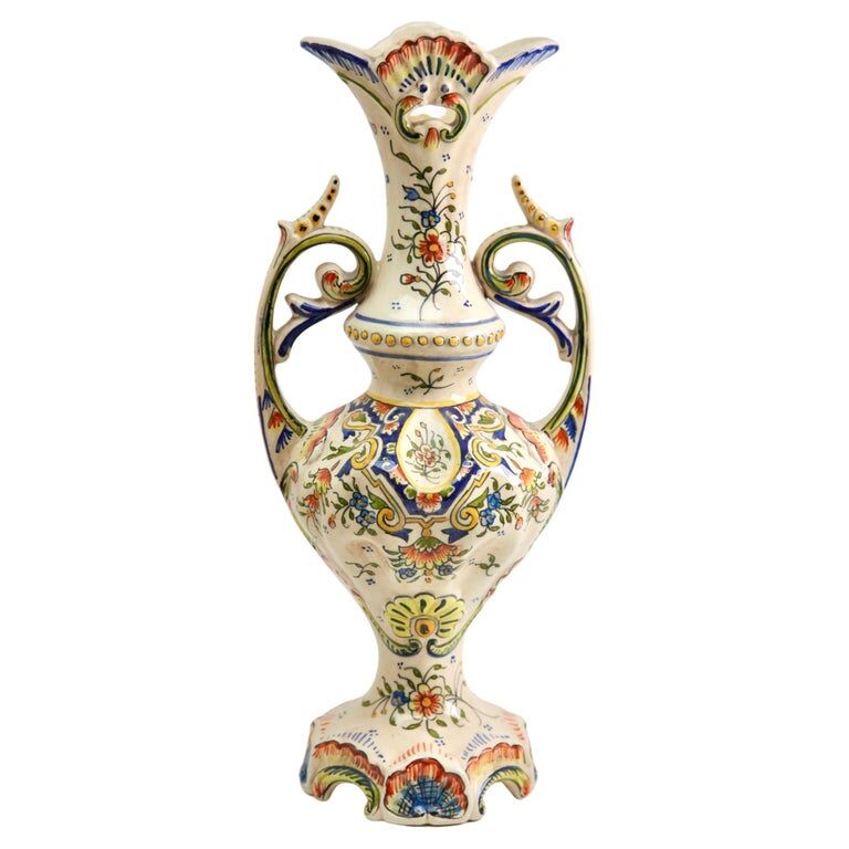 Hand-painted earthenware vase from Rouen, France twentieth century
