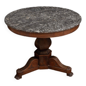 19th century mahogany pedestal table, tripod claw foot, gray marble from Sainte Anne