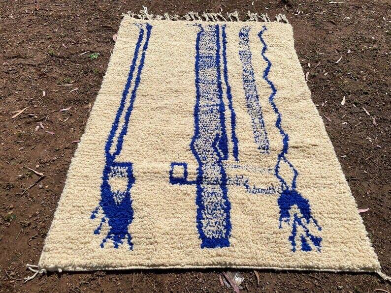 Authentic handmade Azilal Berber rug in blue and white, 2/3 m.