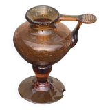 Candle holder, oil lamp, amber blown glass, ocher, BIOT, glassware made in France, vintage 1970
