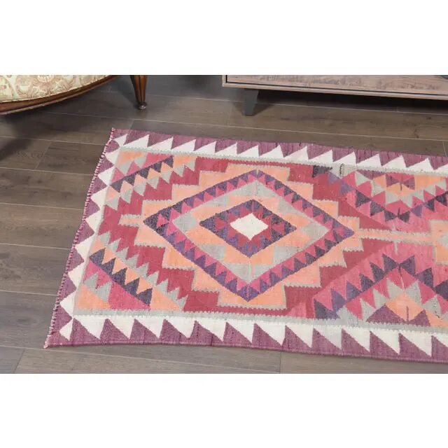 1970s Turkish Oushak Handmade Wool Cotton Pink Runner Rug 95x333