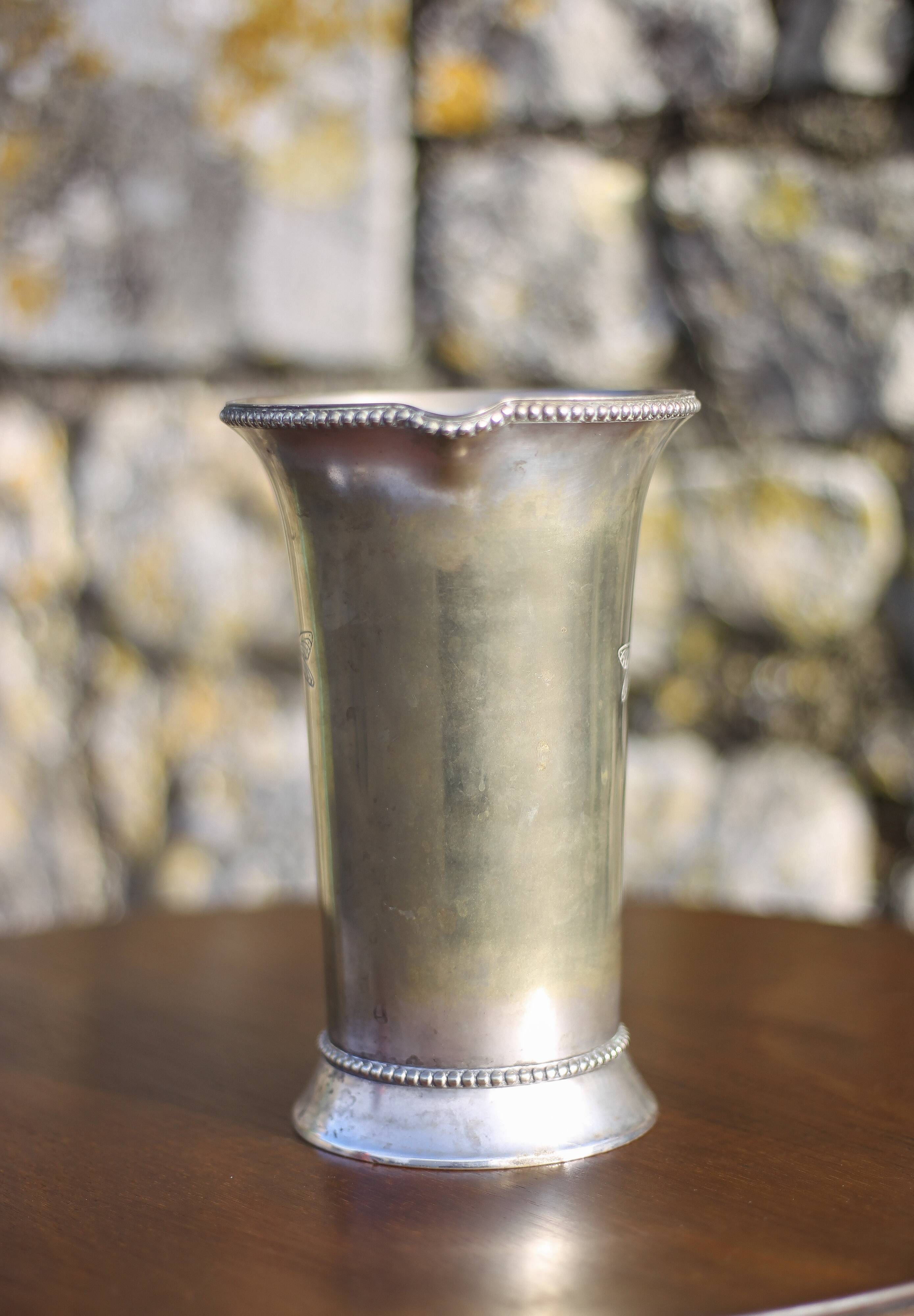 Antique metal carafe, jug, pitcher with handle, engraved dragonfly, collection