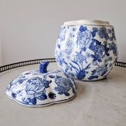 Large vintage Chinese handcrafted glazed ceramic pot with blue flower pattern