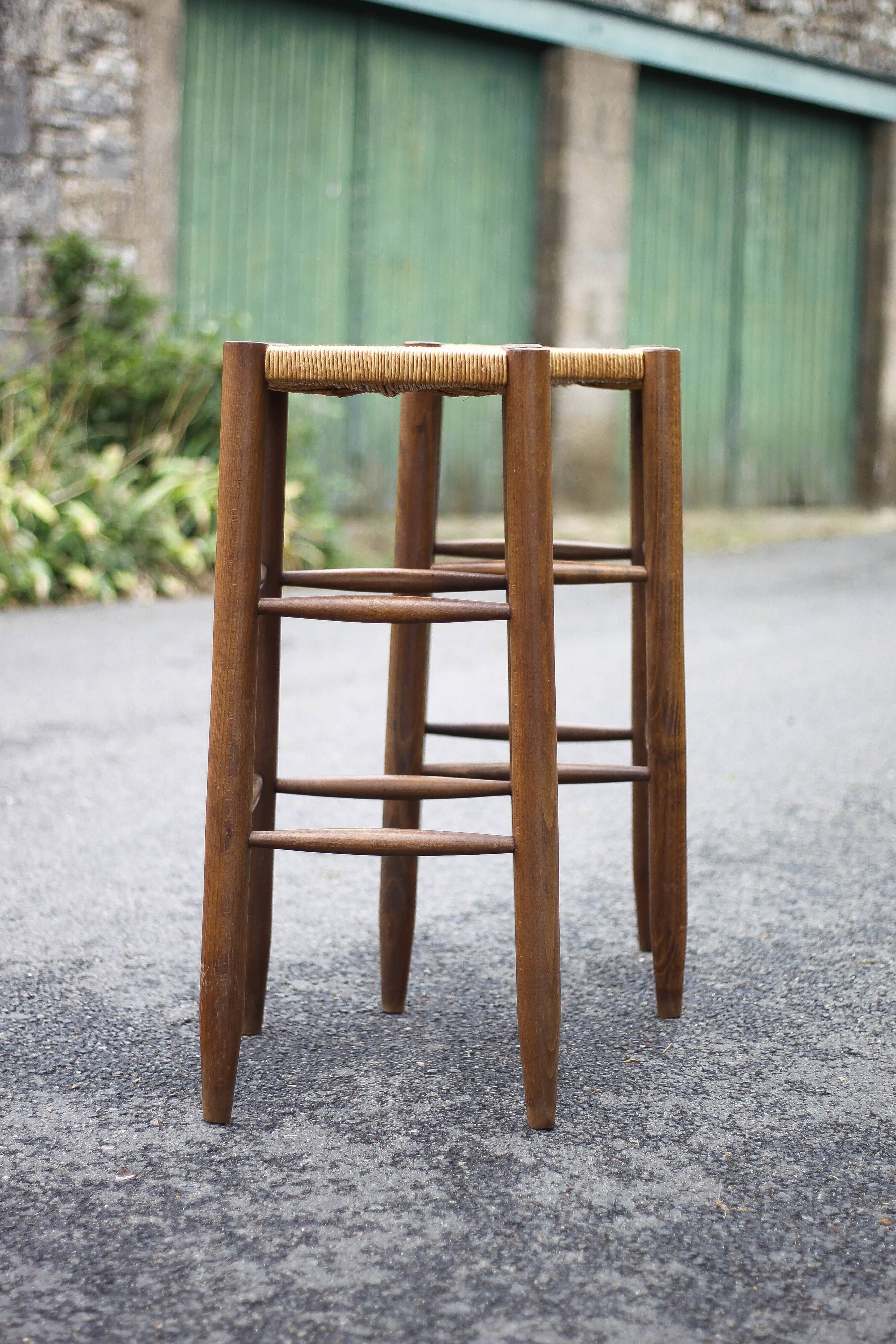 Pair of bar stools, wooden and straw stool, vintage bar stool, vintage stool, decoration