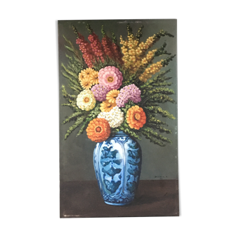 Tableau bouquet dans vase bleu