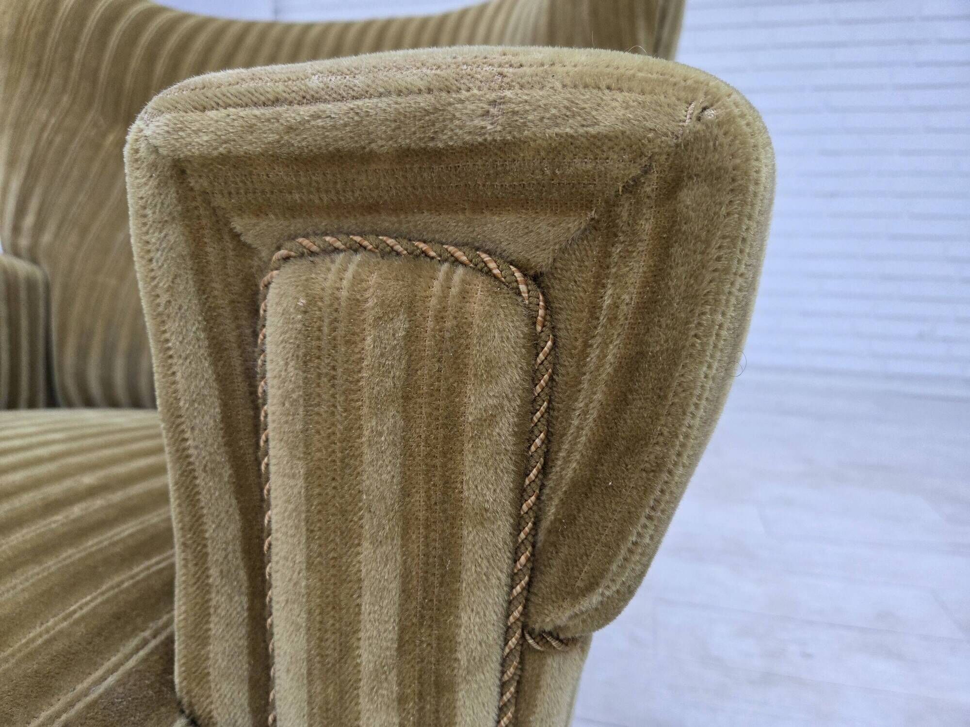 1960s, Danish relax armchair, furniture velour, oak wood.