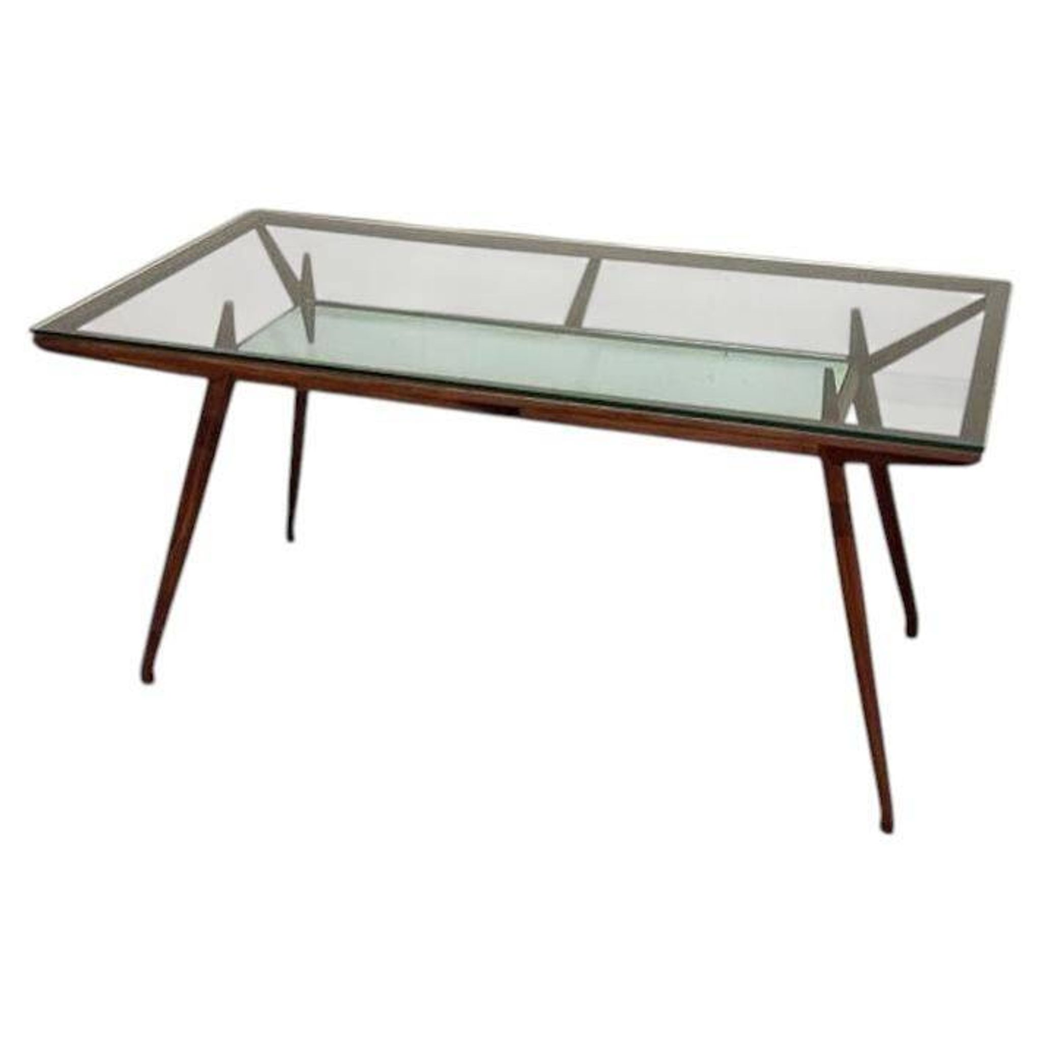 1950s Italian Wooden Table with Double Glass Top