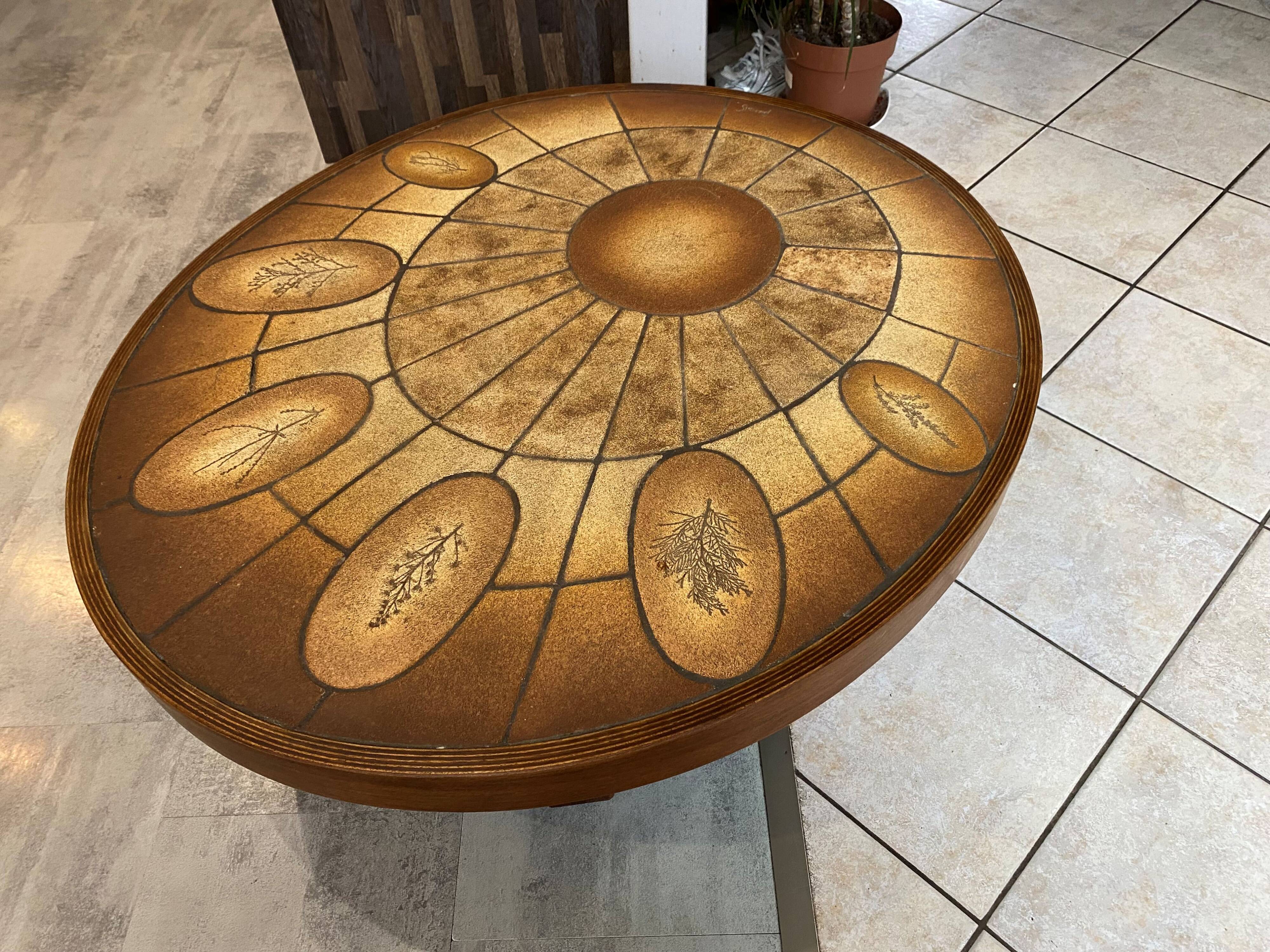 Oval round coffee table ceramic Barrois Vallauris from 1960 herbarium model