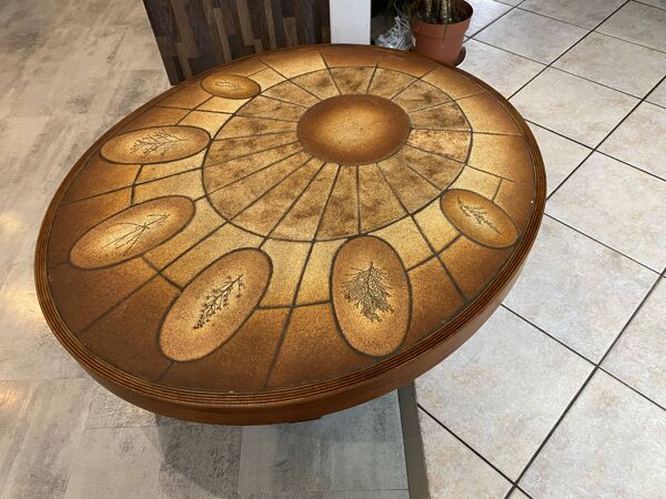 Table basse ronde ovale céramique Barrois Vallauris de 1960 modèle herbier