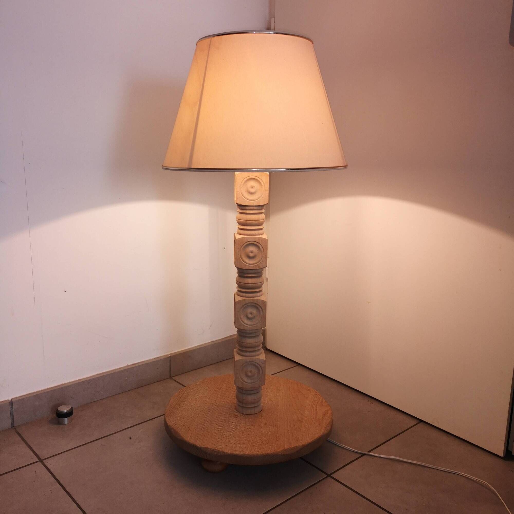 Brutalist living room lamp in raw oak by Charles Dudouyt 1940-1950
