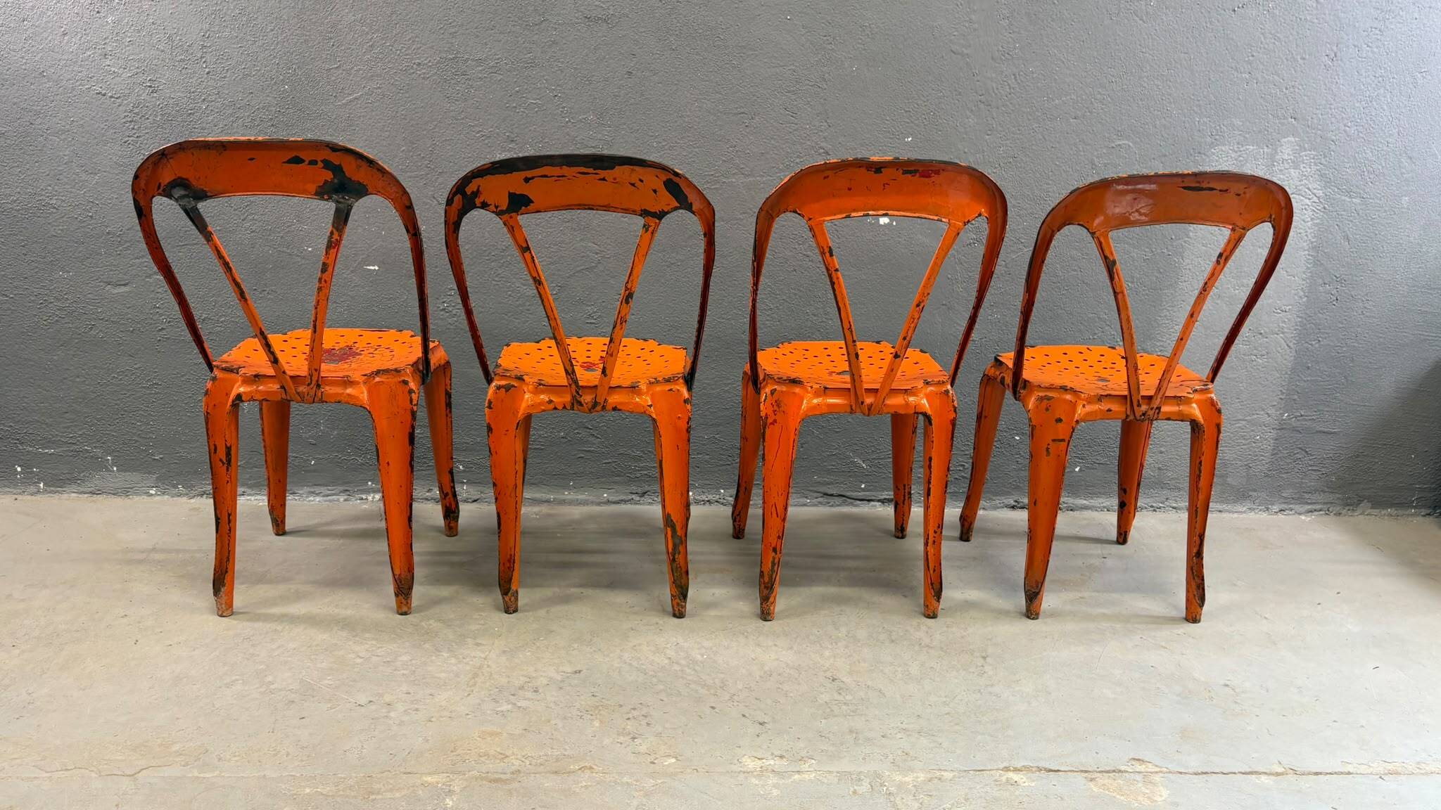 Set of four industrial metal dining chairs by Joseph Mathieu, painted steel, 1920s, France