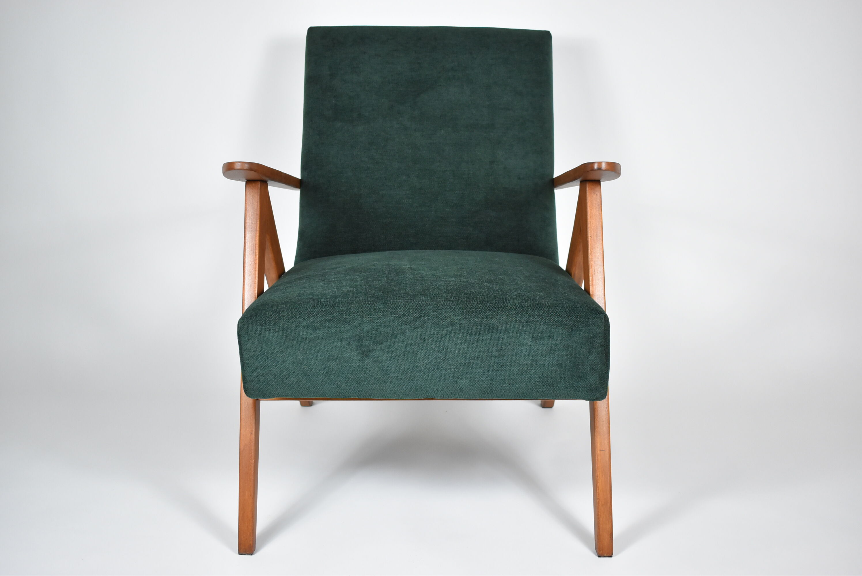 Restored compas armchair, green forest fabric, teak wood, 1960