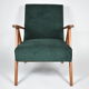 Restored compas armchair, green forest fabric, teak wood, 1960