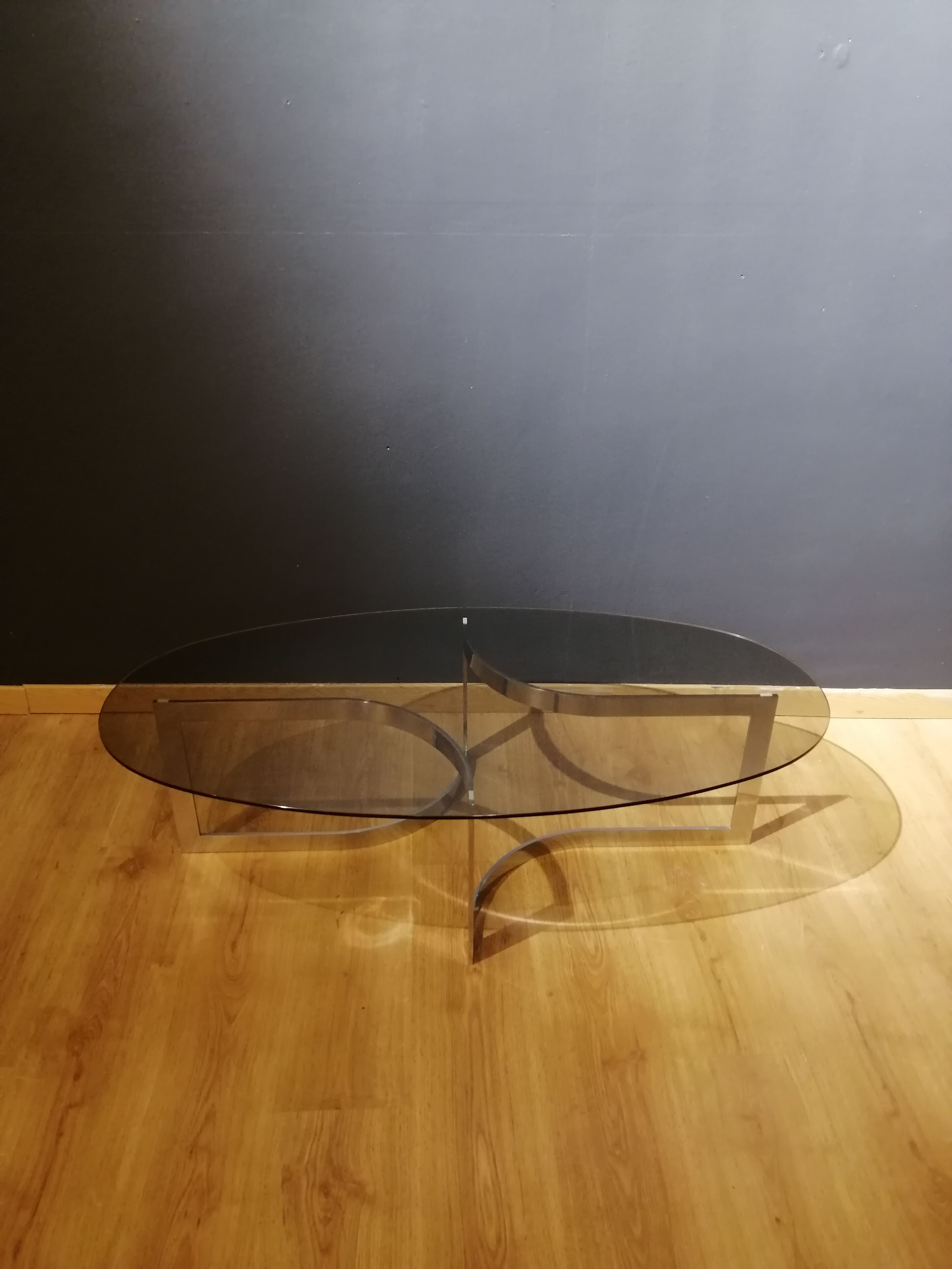 Coffee table in smoked glass and chrome by designer Paul Legeard, 70s