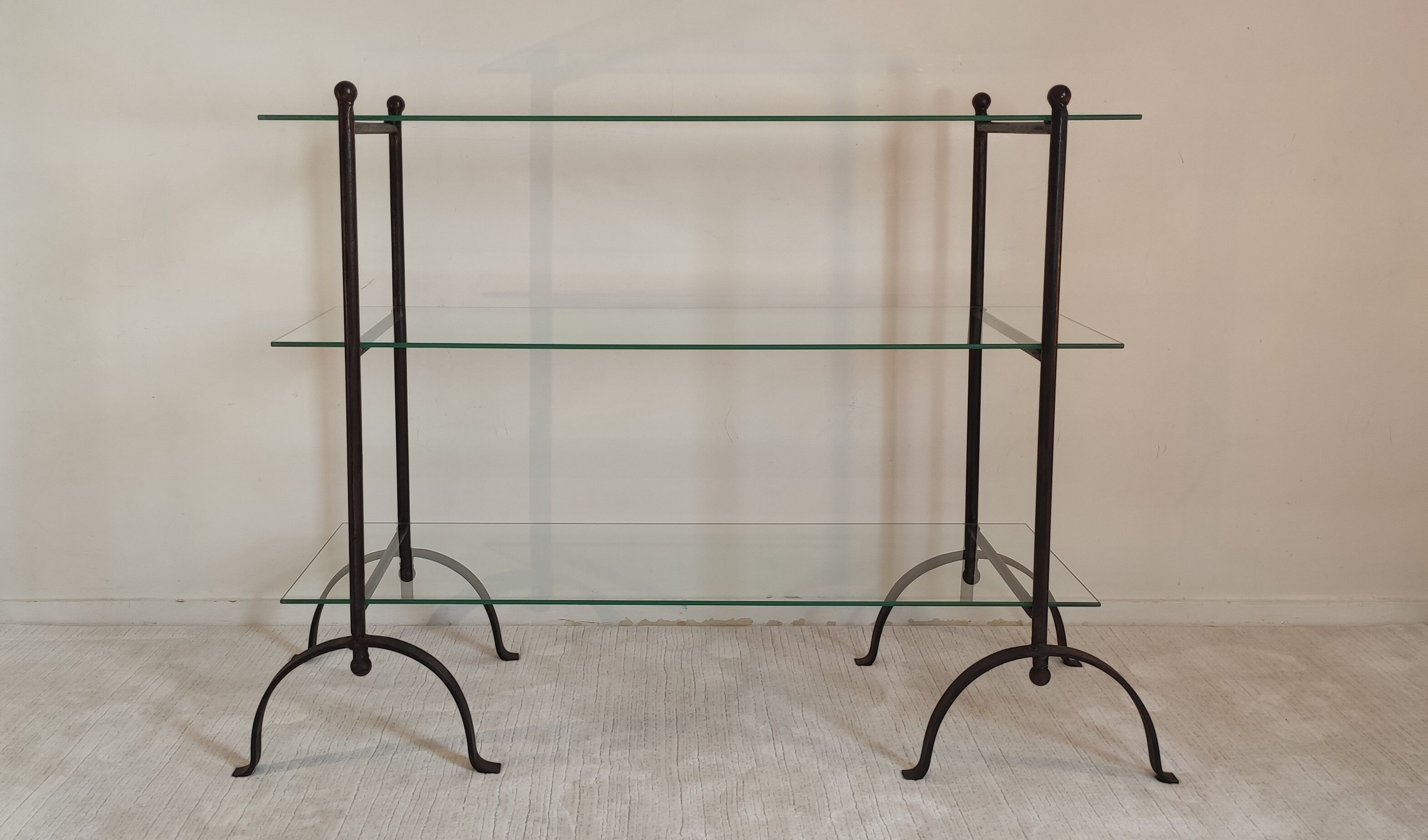 Beautiful Console 60'S feet wrought iron trestles with 3 TBEG glass trays