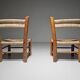 Pair of rustic French low chairs made of elm wood and straw, 1960s.